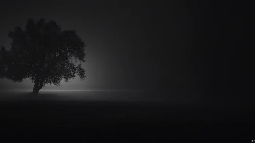 Solitary deciduous tree in dense nocturnal fog backlit softly