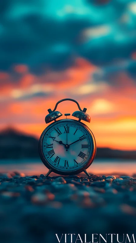 Old seashore alarm clock quietly negotiates with sunset time