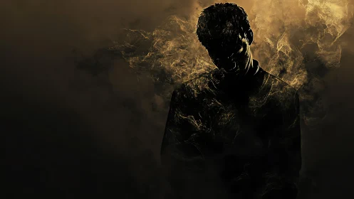 Backlit male silhouette dissolves into turbulent golden smoke field