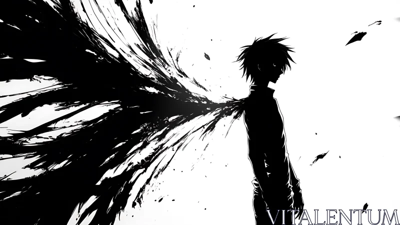 Silhouetted figure expels abstract ink wings in stark contrast