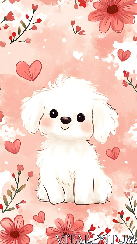 Cute white puppy illustration sits amid stylized floral hearts
