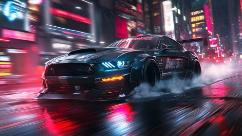 Widebody drift car in neon lit rainy cyberpunk city street