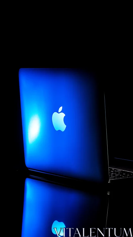 Backlit blue MacBook lid with specular highlight and mirror reflection