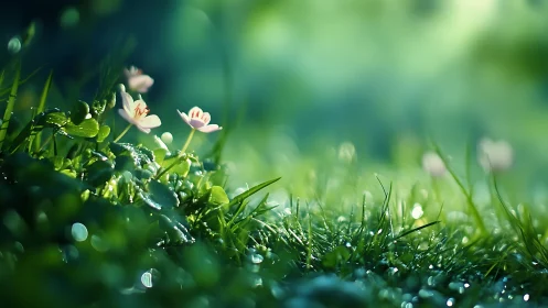 Shallow-depth macro study shows dew-covered grass and soft bokeh