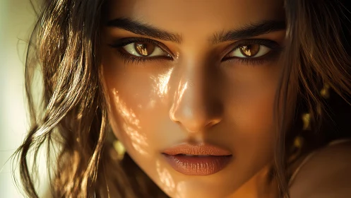 Intense close-up portrait with golden light on brown eyes.