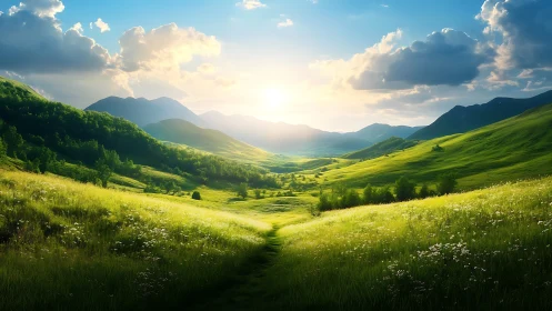 Sunlit green valley with rolling hills and distant mountains