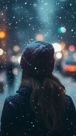 Lone figure watches soft snowfall under blurred city lights