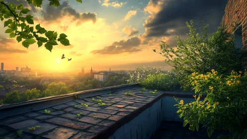 Rooftop garden overlooks sunlit city at golden sunset.