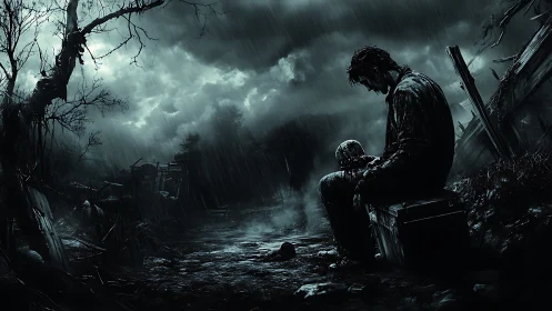 Solitary figure holding skull on desolate rainy path at night.