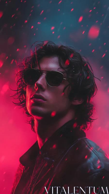 Neon-lit portrait of sunglasses-wearing man in crimson haze.