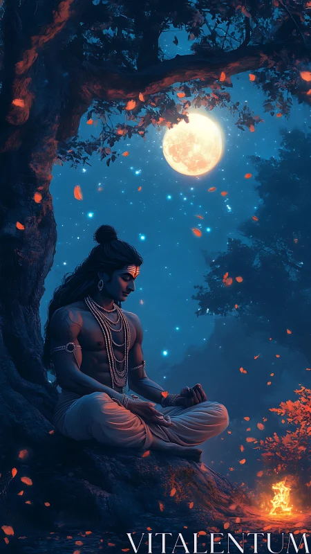 Moonlit yogi meditates beneath ancient tree by firelight