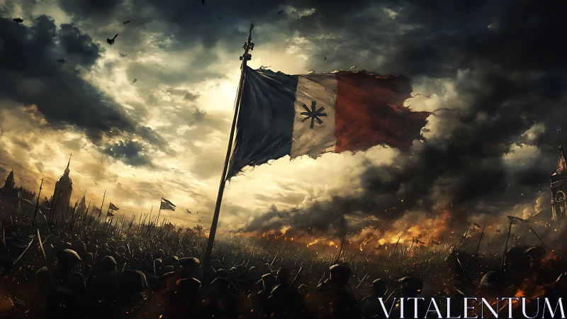 Torn tricolor war flag over burning battlefield at dusk.