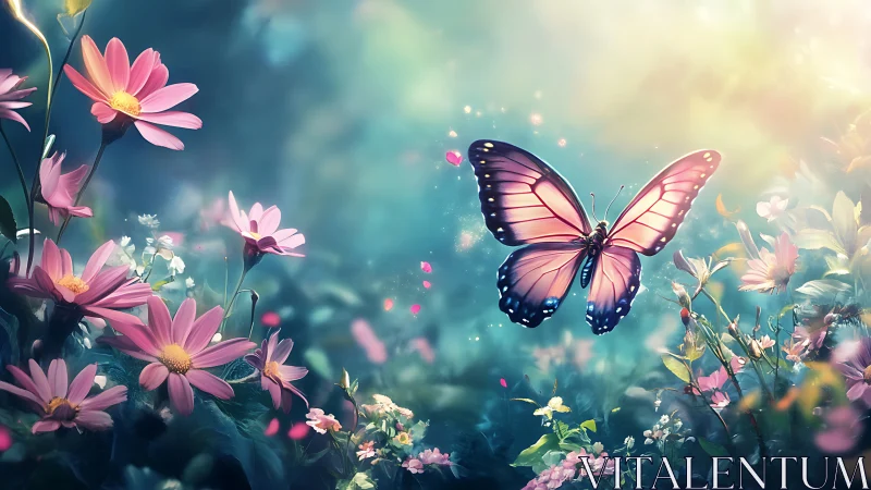 Butterfly hovers centrally within stylized floral environment
