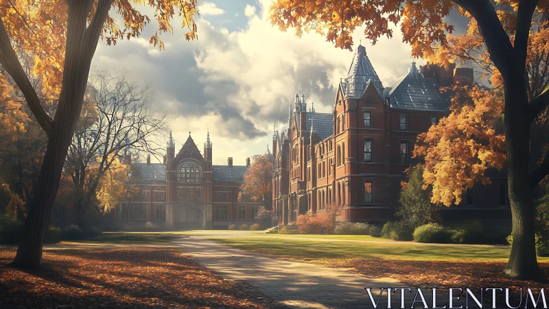 Gothic revival campus rendered in warm low angle autumn light