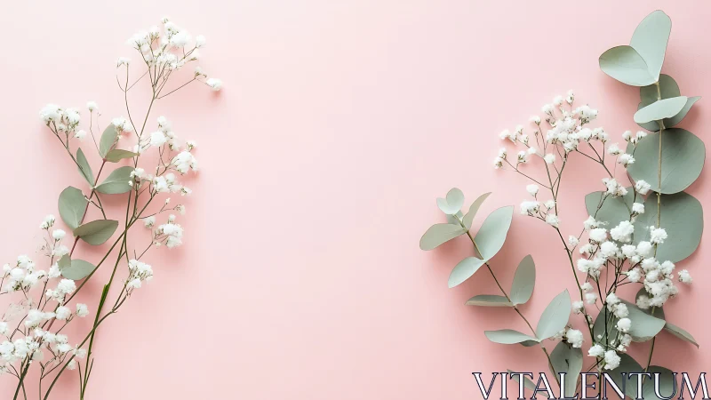 Delicate White Flowers and Eucalyptus Leaves on Soft Pink Background