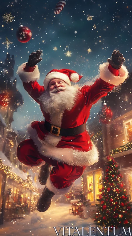 Joyful Santa jumps in snowy Christmas village street scene.
