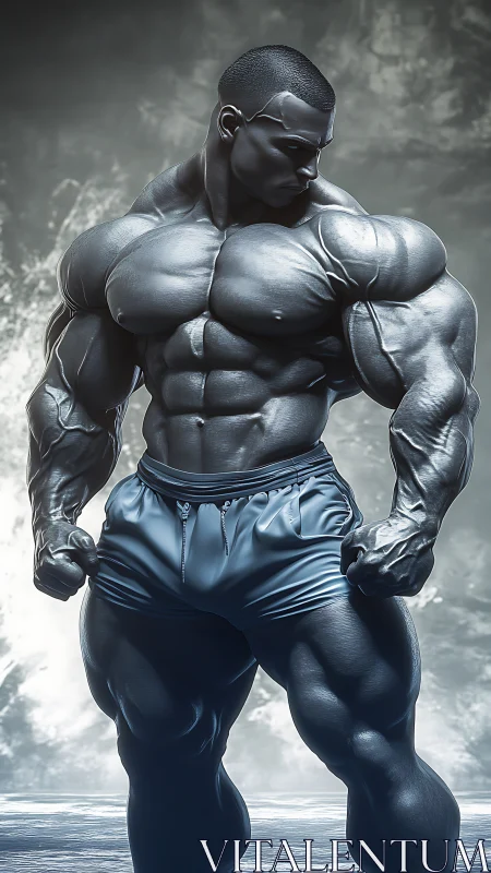 Titan of steel sinew under stormlit sky, carved in chrome.