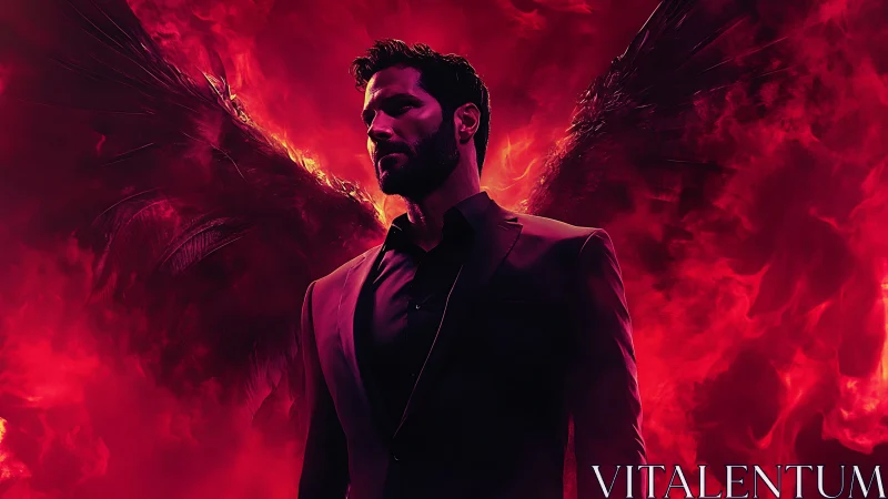 Dramatic winged figure emerges from infernal crimson flames