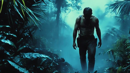 Lone survivor trudges through misty neon jungle nightscape.