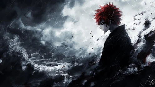 Red haired anime loner stands in storm of dark waves.