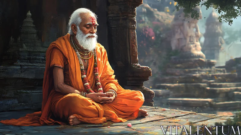 Elderly monk in orange robes meditating at stone temple