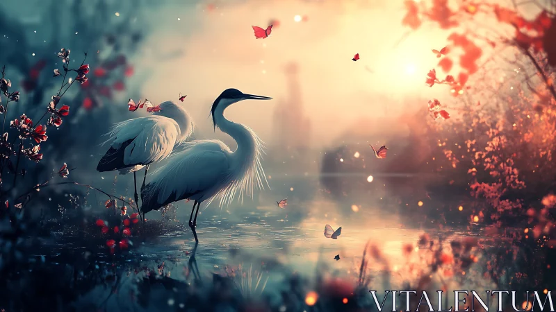 Cranes in shallow dusk water with volumetric light and bokeh field