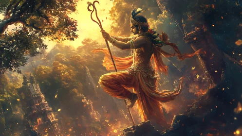 Golden warrior dances through a glowing forest temple dream.