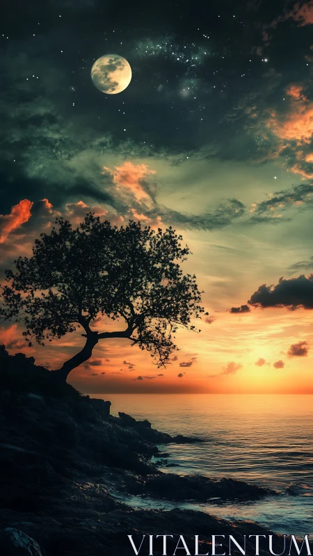 Lone coastal tree silhouetted against moonlit sunset horizon.
