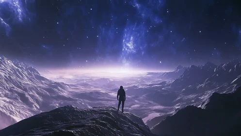 Lone explorer overlooks cosmic valley under violet sky.