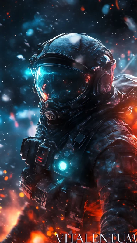 Armored space soldier advances through fire and ice storm