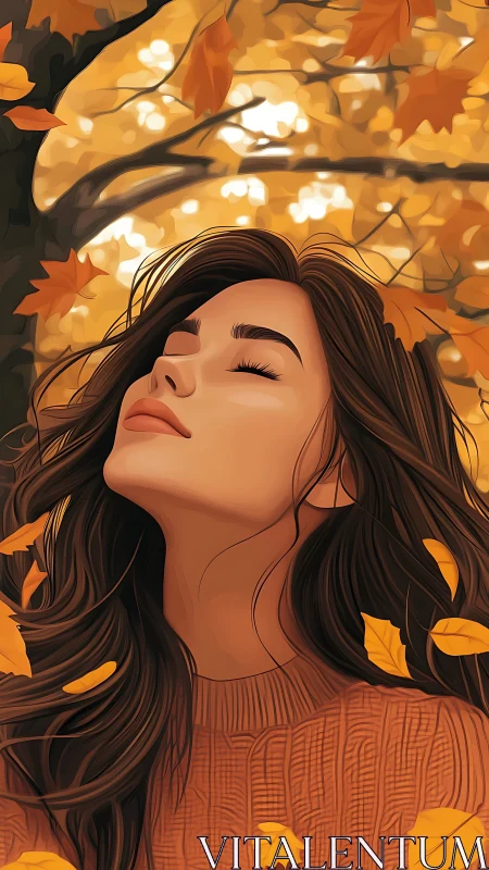 Portrait shows woman with closed eyes surrounded by autumn leaves