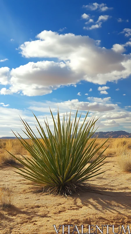 Desert yucca crowns sunlit sands beneath drifting cloud seas.