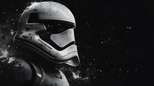 Monochrome sci fi armored helmet portrait with splatter textures