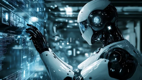 Futuristic robot interacts with glowing holographic data wall.