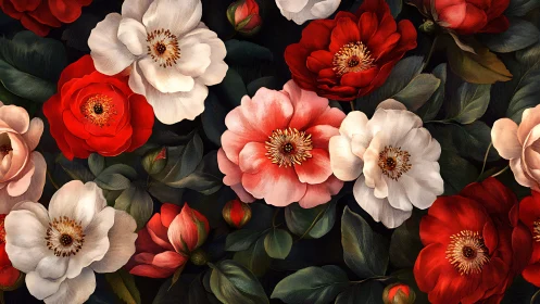 Floral arrangement: red, cream, and coral peonies with foliage.