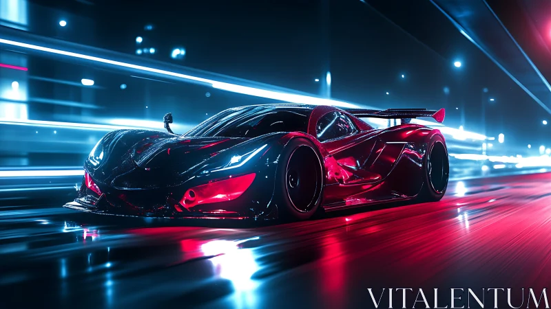 Cyberpunk hypercar in neon-laced nocturnal motion study.