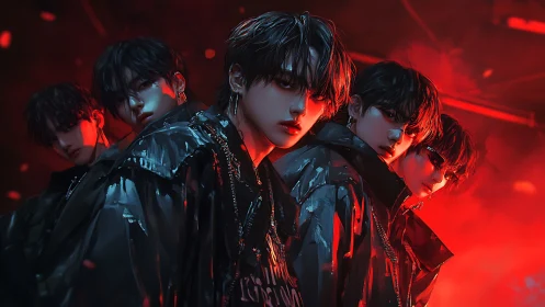 Brooding cyberpunk boy band stands in neon red haze