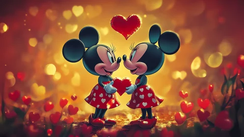 Anthropomorphic cartoon characters with pronounced cranial features exhibiting romantic gesture with