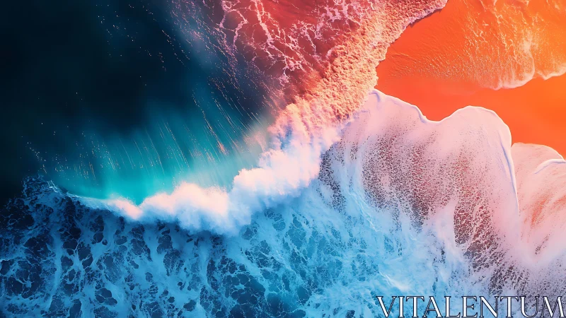 Neon-lit aerial surf collision with glowing shoreline gradient.