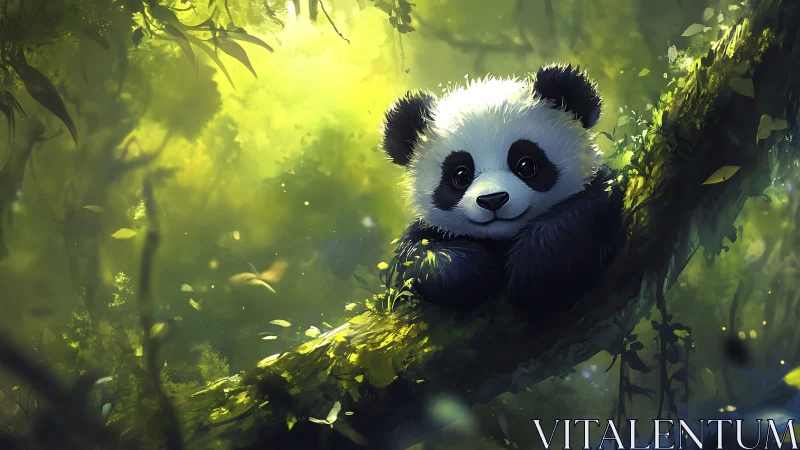 Cute baby panda resting on mossy tree branch in forest.