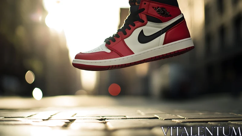 Red and white basketball shoe suspended above urban street