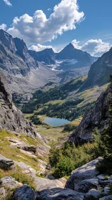 Alpine cirque valley descends to glacial tarn under granite peaks