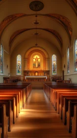Golden light fills a tranquil church nave in quiet reverence