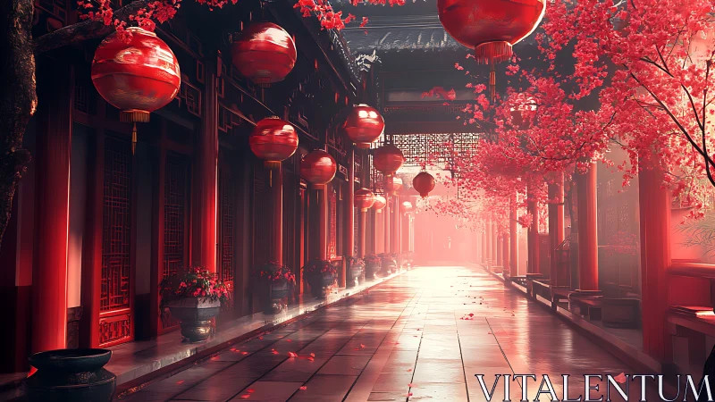 Lantern-lit temple corridor glows in soft cherry blossom haze