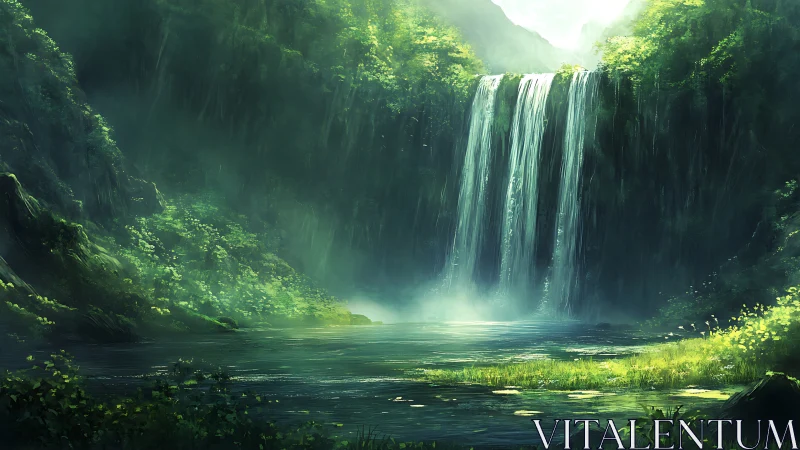 Secret emerald cascade dreaming in misty forest hush.