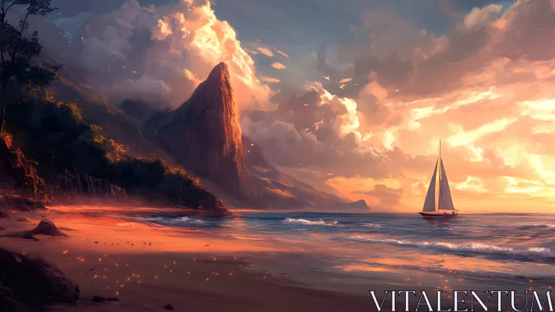 Sunset sailboat near dramatic coastal cliffs and beach.