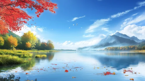 Gentle autumn lake beneath bright mountains and sky.