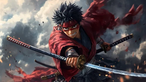 Dynamic anime swordsman lunges forward with twin katanas drawn