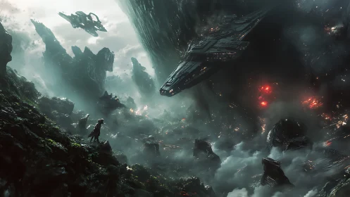 Colossal starship descent over shattered alien canyon world.