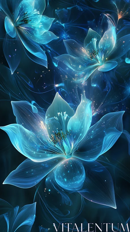 Starlit aqua blossoms drifting through a cosmic nightfall.
